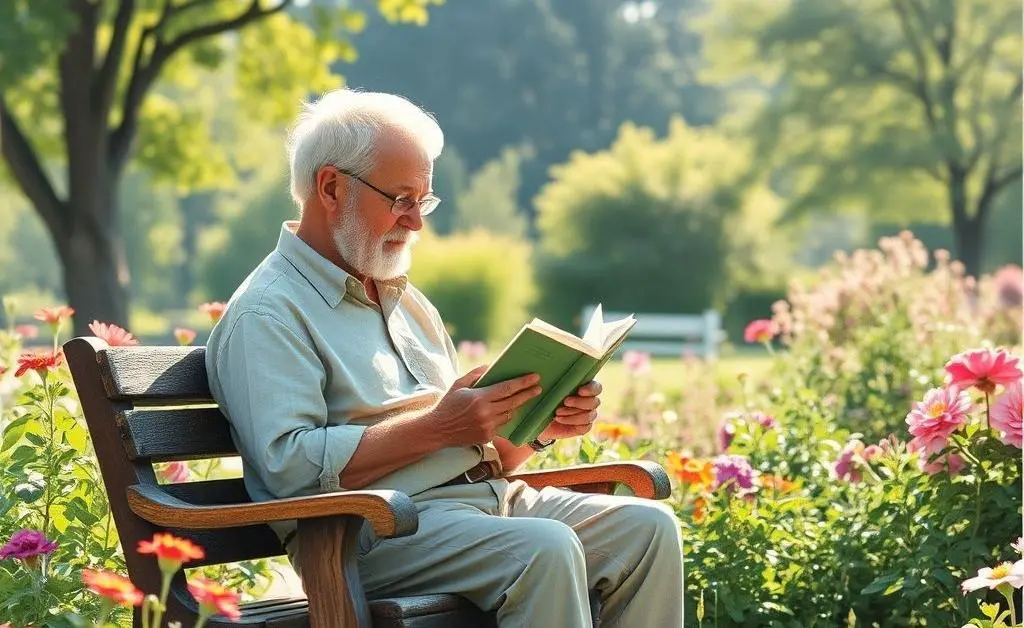 An elderly person reading peacefully in a garden