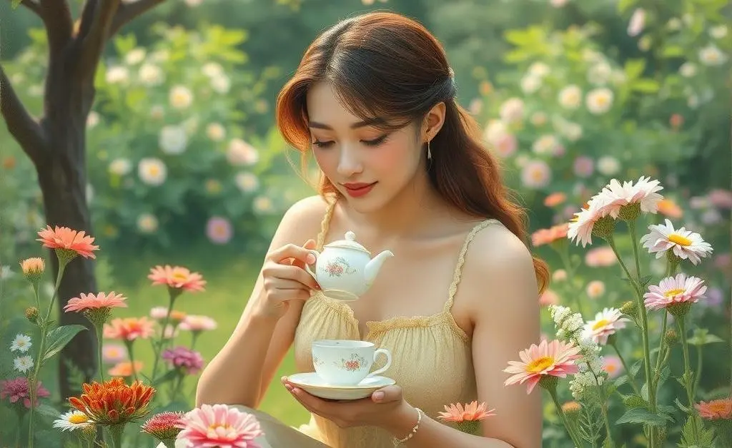 Someone having tea in a peaceful garden surrounded by flowers