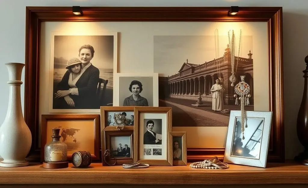 A serene display of heirlooms, including photos and jewelry, on a wooden mantel.