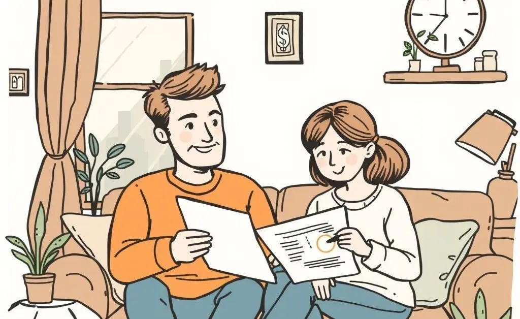 A hand-drawn style image of a cozy home setting with a couple reviewing financial documents