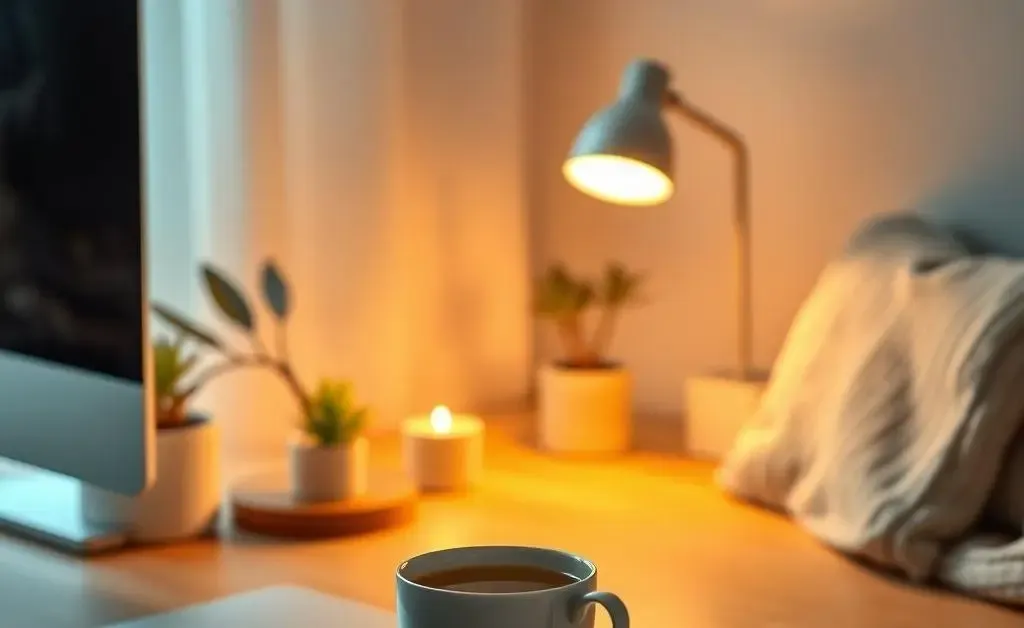 Serene home workspace with a computer and cup of tea.