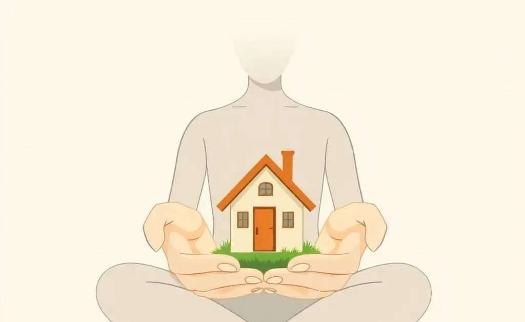A person holding a tiny house with a look of peace and satisfaction