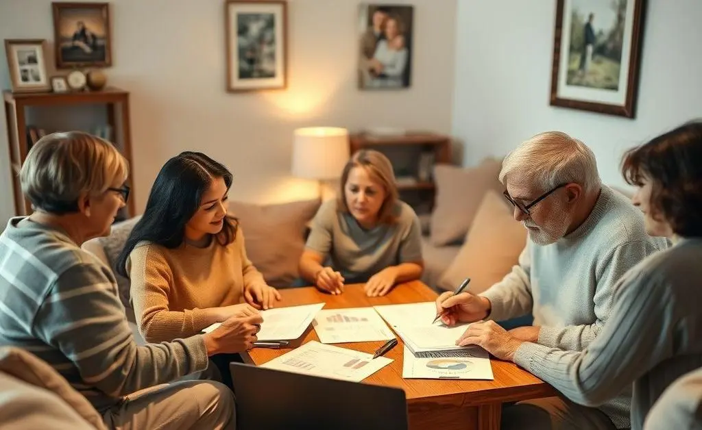 A serene home setting with a family reviewing their financial options.
