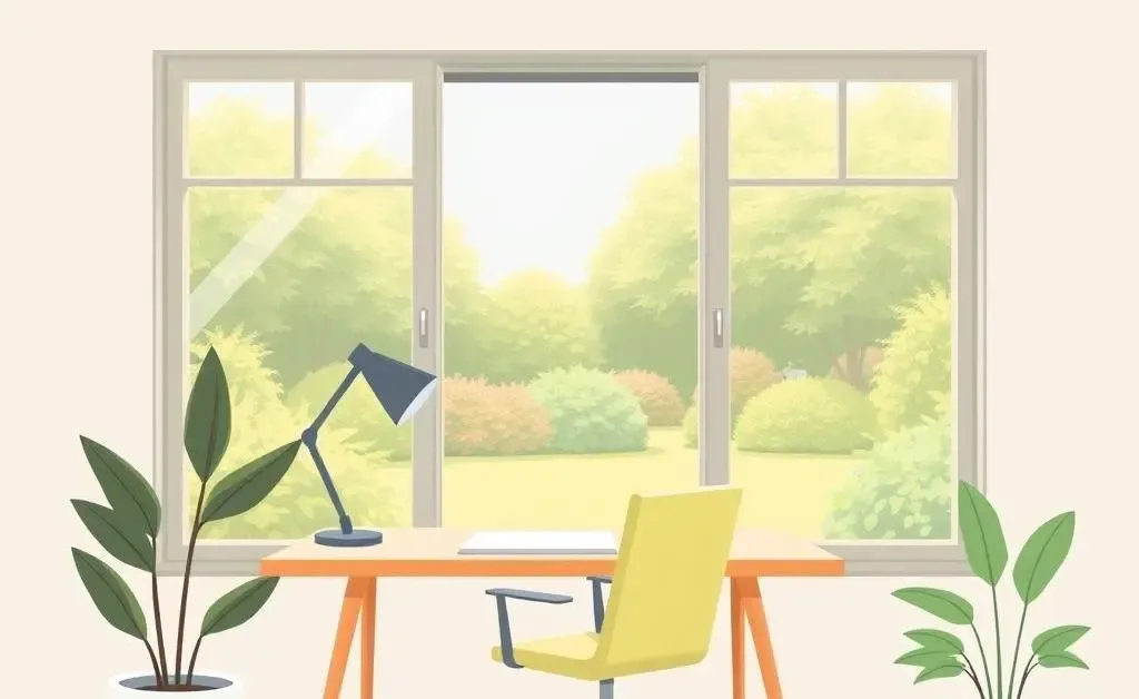 Peaceful home office with a desk, chair, plant, and garden view