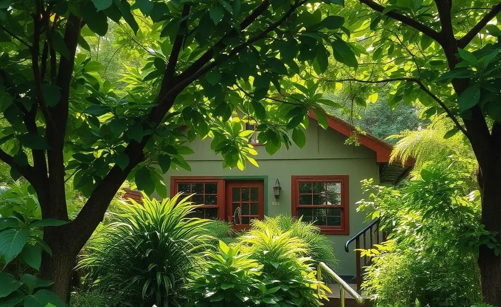 A tranquil home surrounded by green plants depicting safety and peace