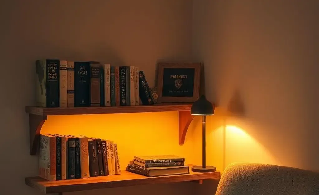 A calm and soothing environment showing a corner with books about investments and a warm light