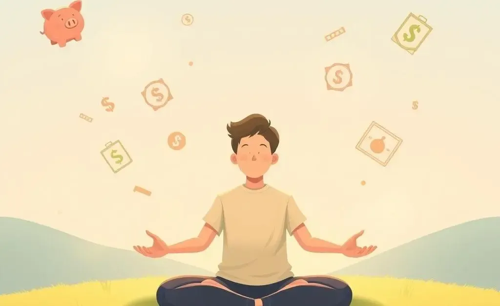 A serene cartoon image of a person meditating with symbols like piggy banks and dollar signs floating around, conveying calm investing.