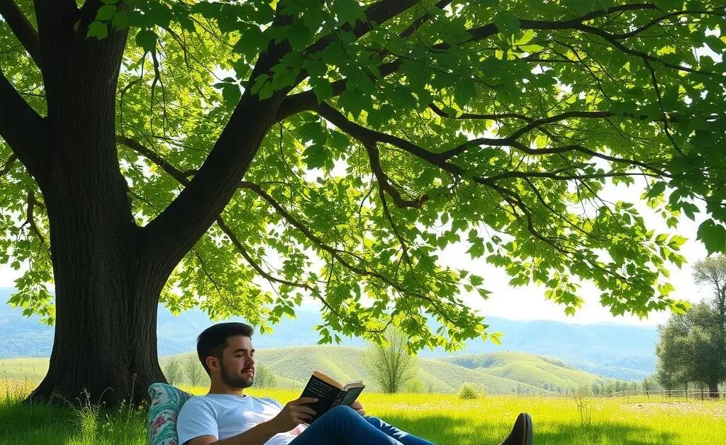 A serene outdoor setting with someone reading an investment book under a tree.