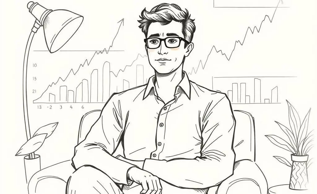 Hand-drawn illustration of a calm and relaxed investor with stock charts in the background.