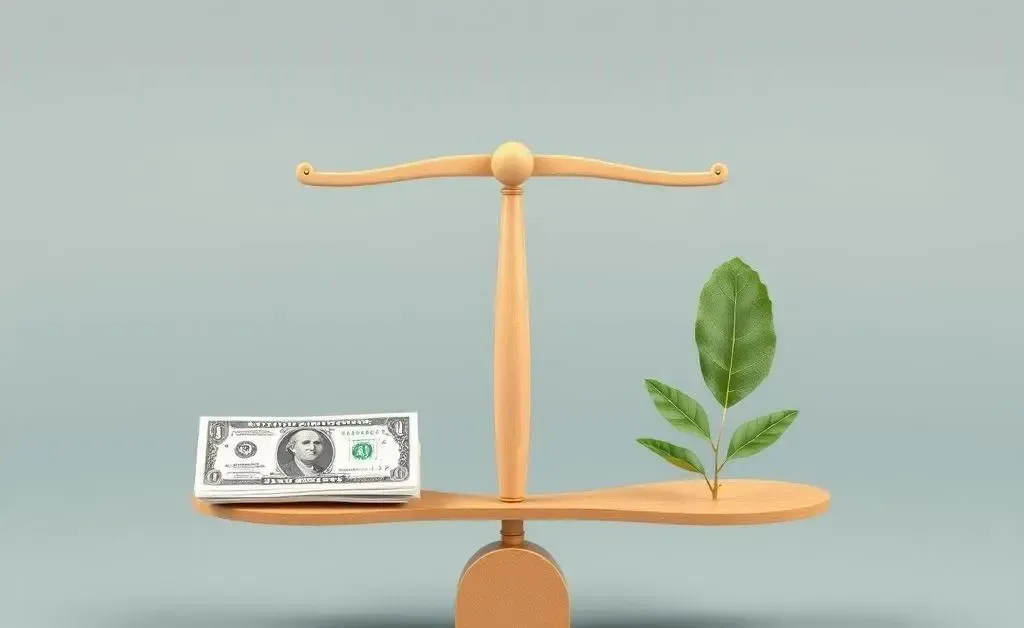 A minimalist balance scale with money on one side and a leaf on the other, symbolizing balance.