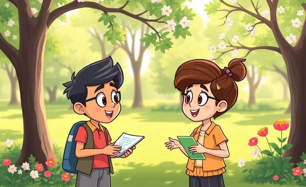 Cartoon of two people discussing investments in a peaceful setting.