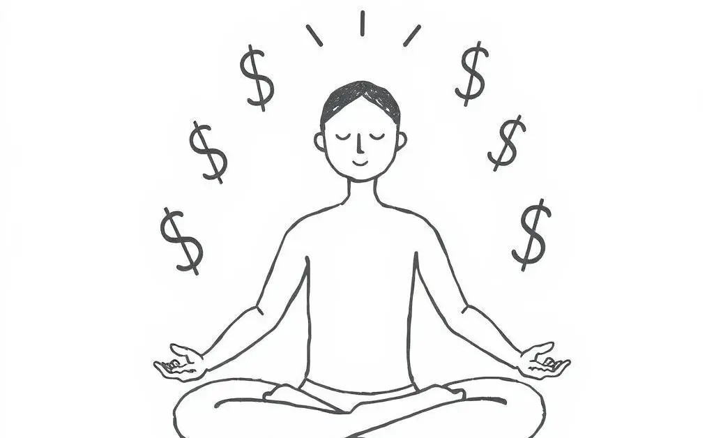 A hand-drawn image of a calm figure meditating with dollar signs around them, symbolizing a peaceful investment strategy
