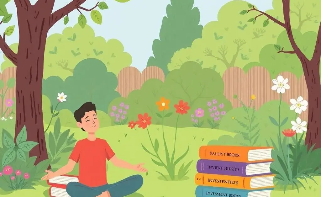 A serene garden setting with a person meditating next to a stack of investment books