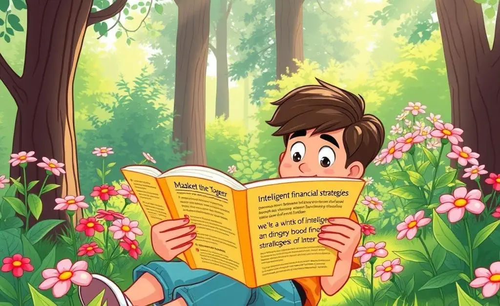 Person relaxing in a garden, reading a book about smart investing