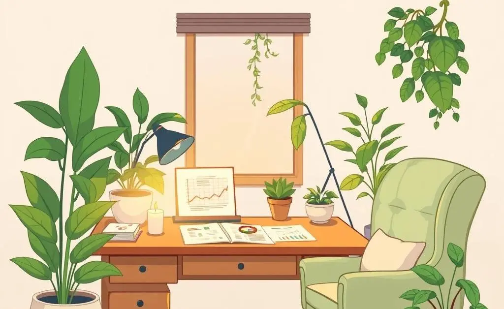 Peaceful investor's desk with calming elements
