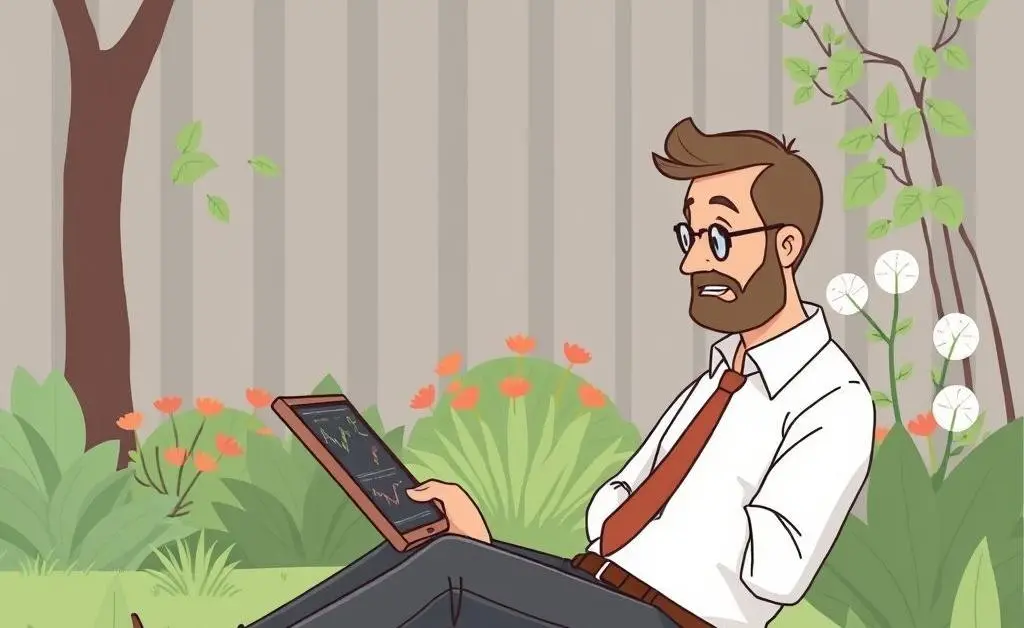 A calm investor sitting in a garden, using a tablet to monitor stock performance.