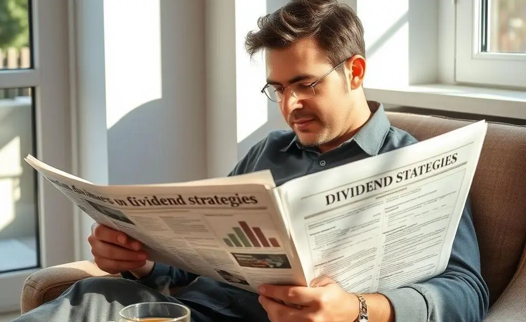 A relaxed investor reading about dividends, with a cup of tea nearby.