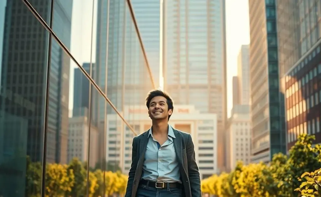 A serene scene of someone happily walking out of an office building, looking forward.