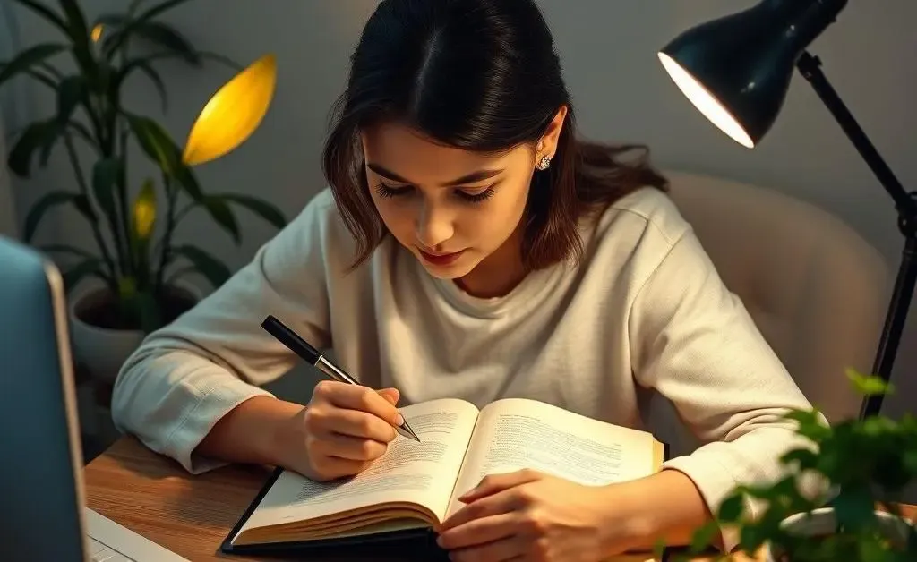 A person writing in a journal at a peaceful desk setup with plants and soft lighting.