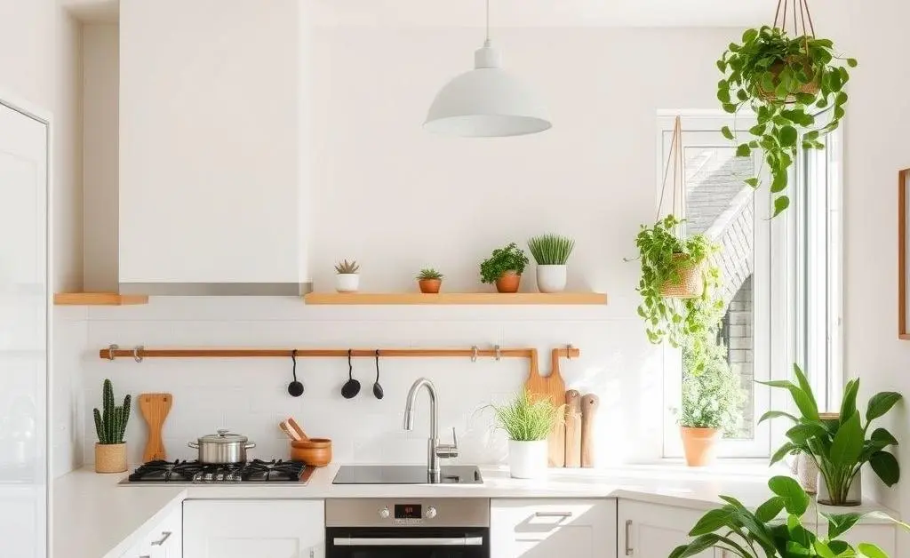 A bright kitchen with simple, clean lines and plants