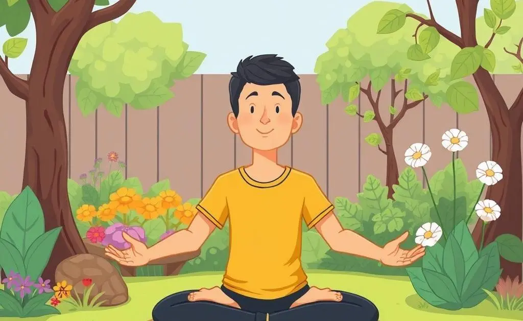 Person meditating in a cartoon garden setting, symbolizing finding balance