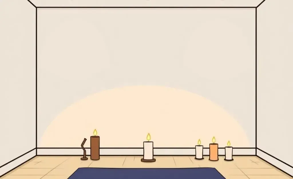 A minimalist, indoor room setup for meditation with candles and a yoga mat