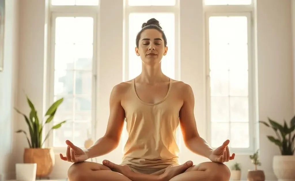 A person sitting cross-legged, meditating with a serene expression in a sunlit room.
