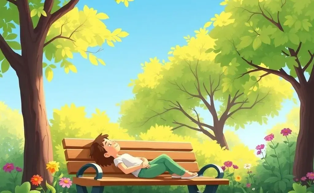 Person taking a break in nature, sitting on a park bench.