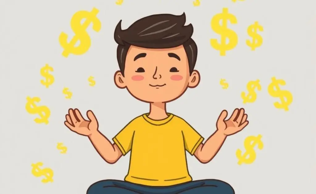 A cartoon image of a peaceful person meditating surrounded by floating dollar signs.