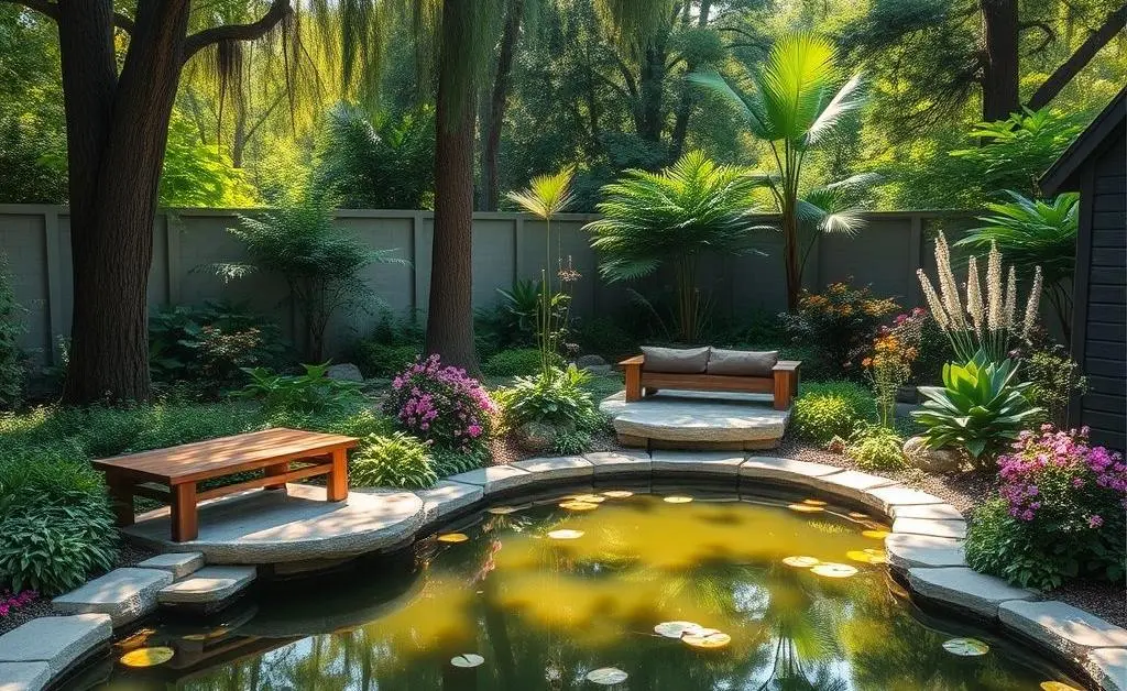 A peaceful mindfulness garden with a small pond and seating area
