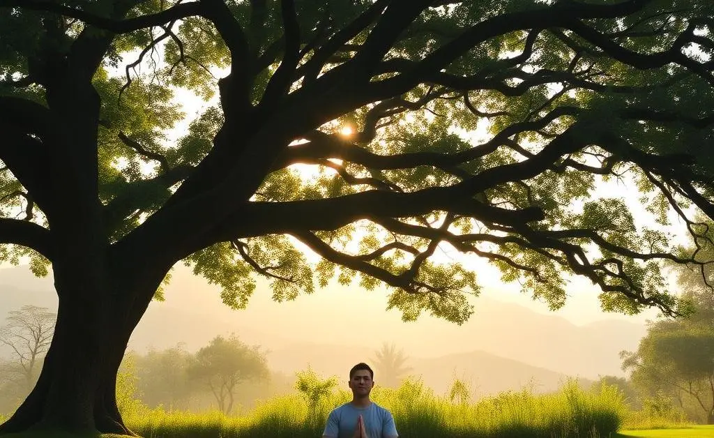 A serene landscape with a person meditating under a tree