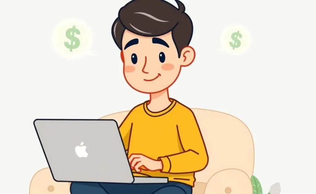 Cartoon-style person sitting calmly while managing finances with a laptop.