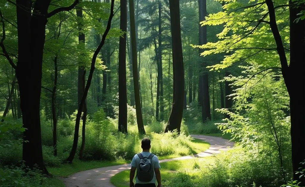 Person walking on a nature trail, contemplating their future