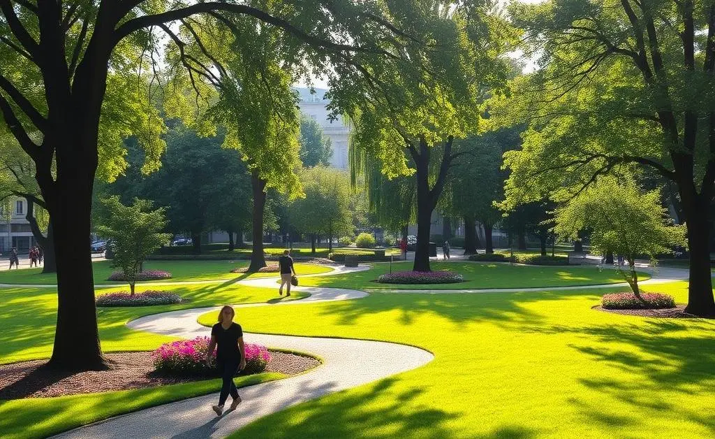 A serene park scene with a person enjoying a walk on a sunny day.