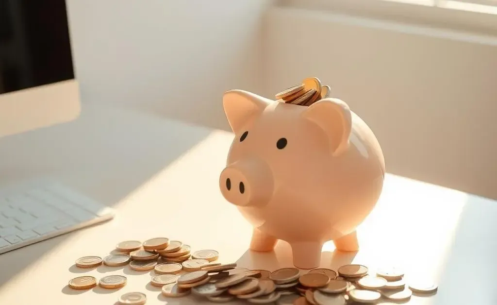 A peaceful looking piggy bank filled with coins on a clean, modern desk with sunlight streaming in.