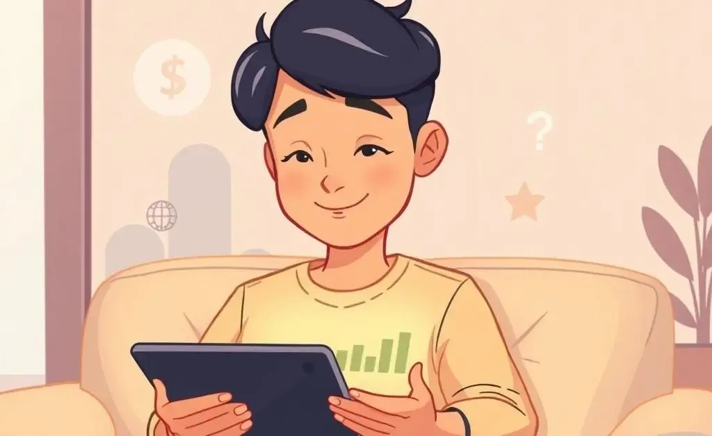 A serene cartoon image of a person calmly looking at their investment portfolio on a tablet.