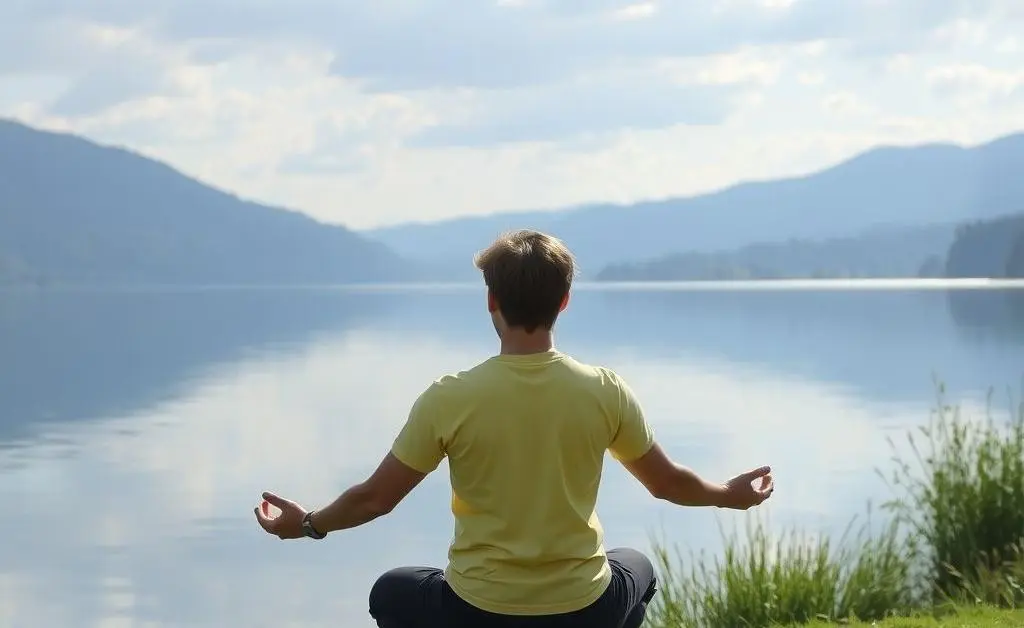 A person meditating near a peaceful lake with a serene landscape in the background