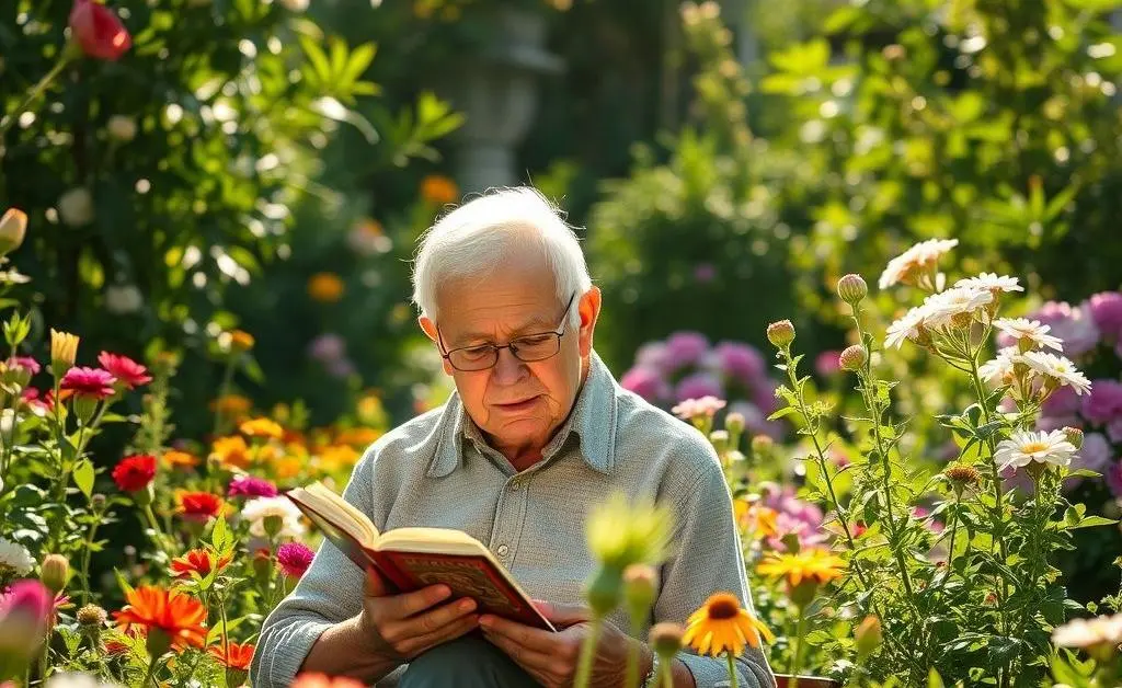 A calm elderly person reading in a sunny garden