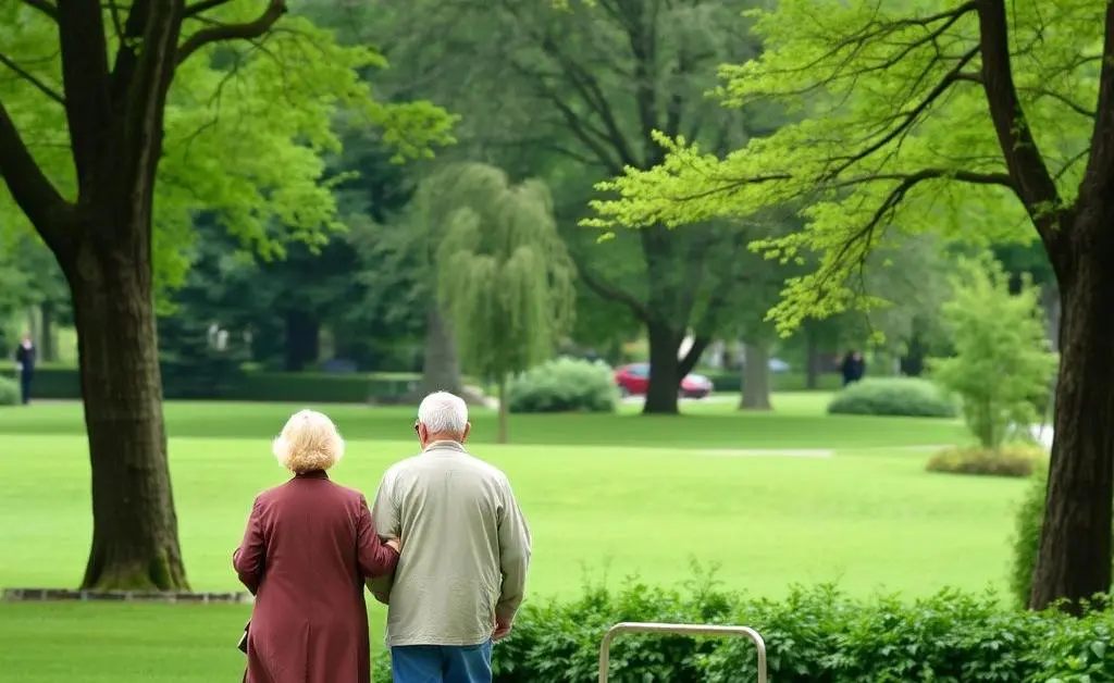 A serene park scene with an elderly couple enjoying a walk, surrounded by greenery.