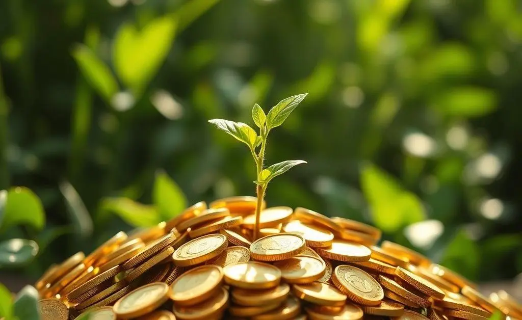 A seedling growing from a pile of coins, symbolizing savings growth.