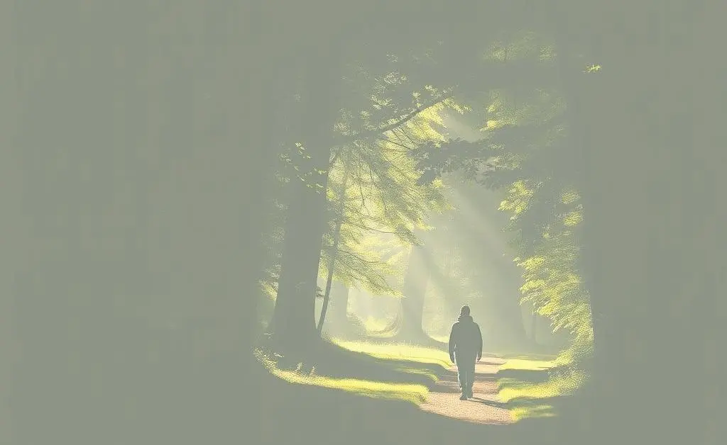 A person walking on a quiet trail surrounded by trees with sunlight streaming through leaves.