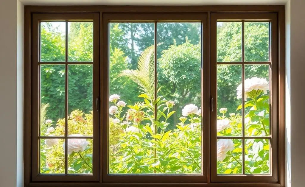A wide window showing a peaceful outside garden.