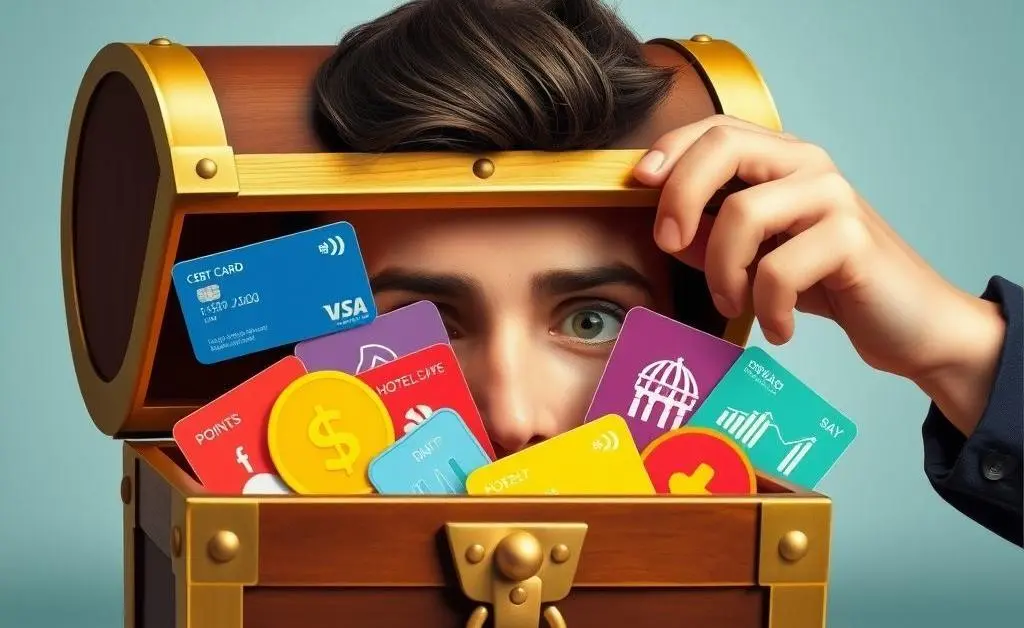 A person peeking into a treasure chest filled with credit card rewards