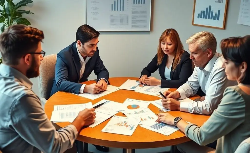 Group discussing investments energetically around a table