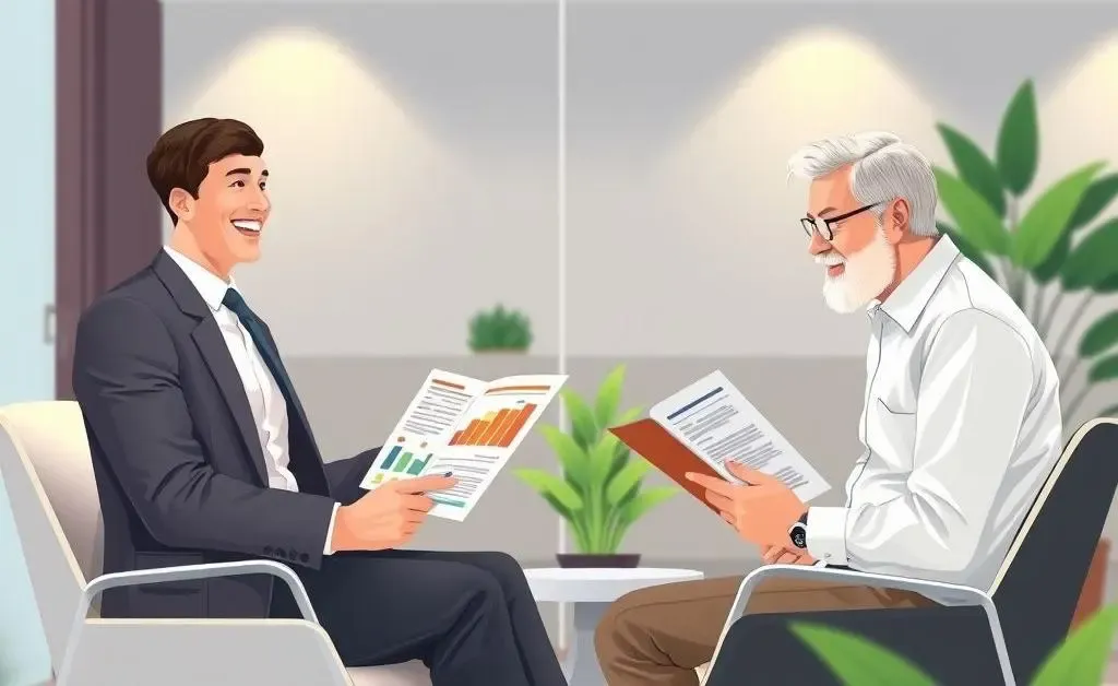 Illustration of a friendly adviser explaining pension plans to a client in an office.