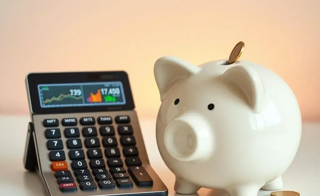 A simple calculator next to a piggy bank
