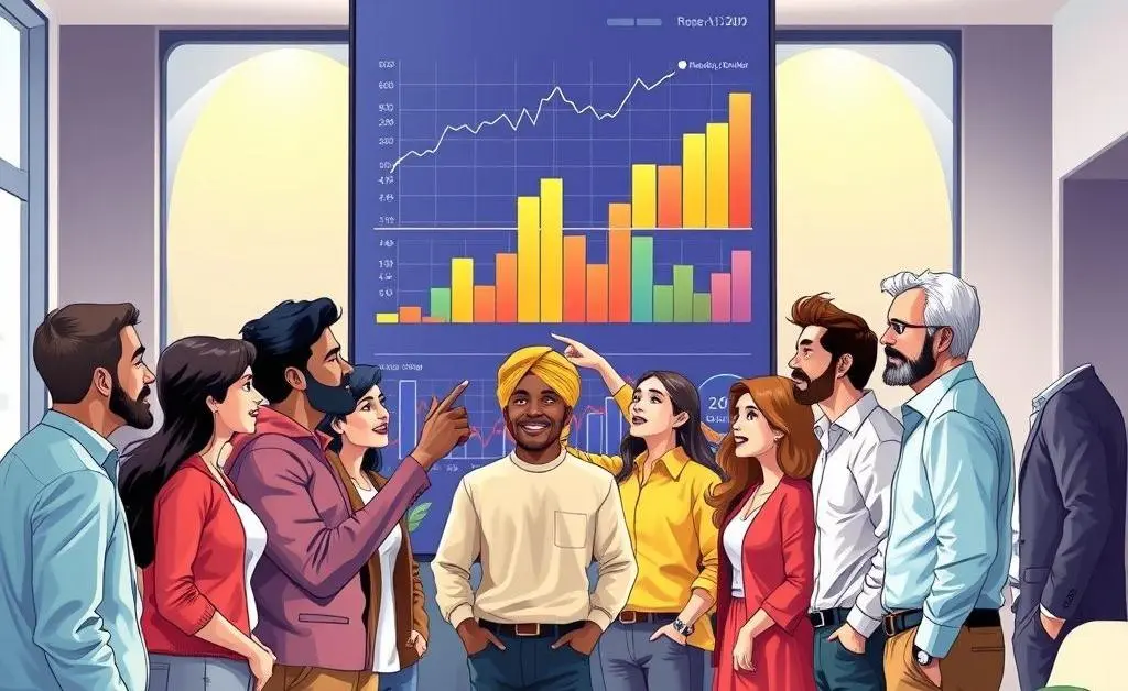 A diverse group of people looking at a large graph showing market trends