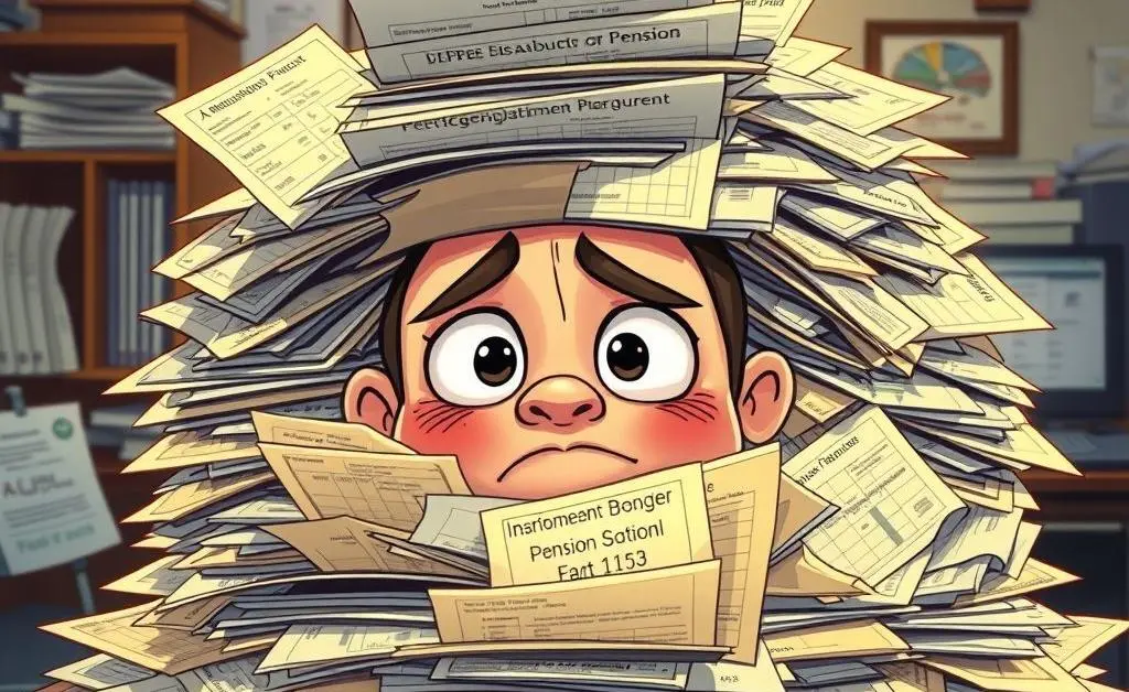 A cartoon of a person overwhelmed by pension paperwork.
