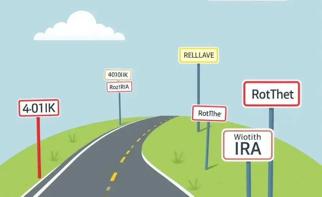 A roadmap with different retirement options like 401k, Roth IRA