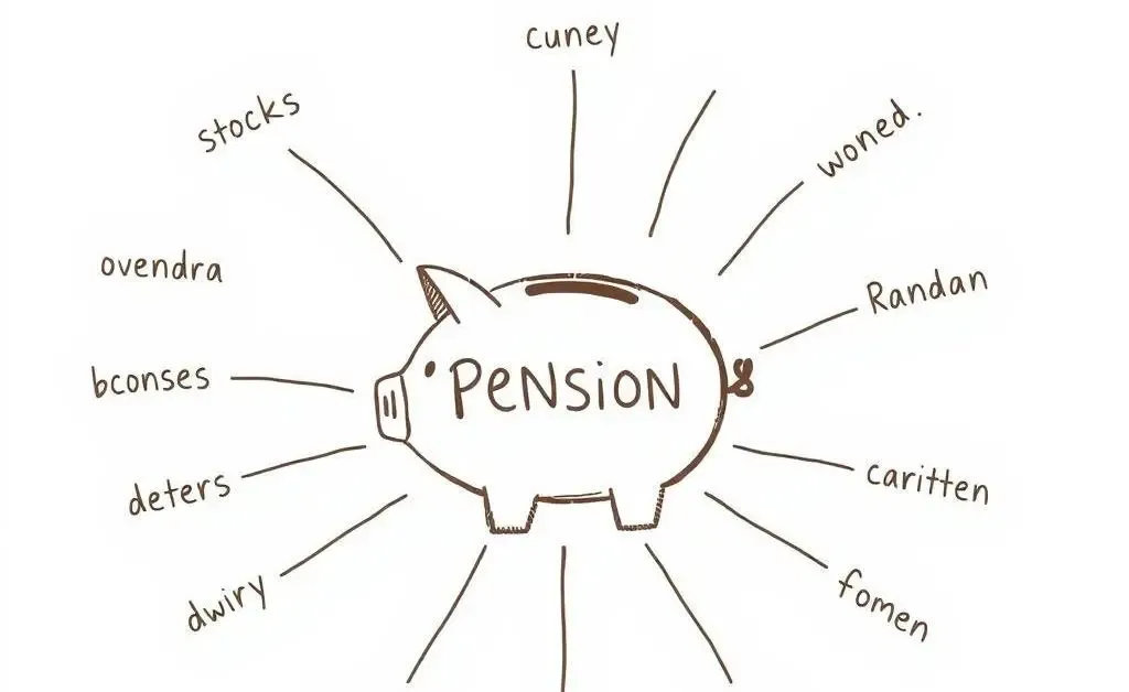 A hand-drawn aesthetic of multiple paths branching from a pension piggy bank, each with a label of a different investment option.